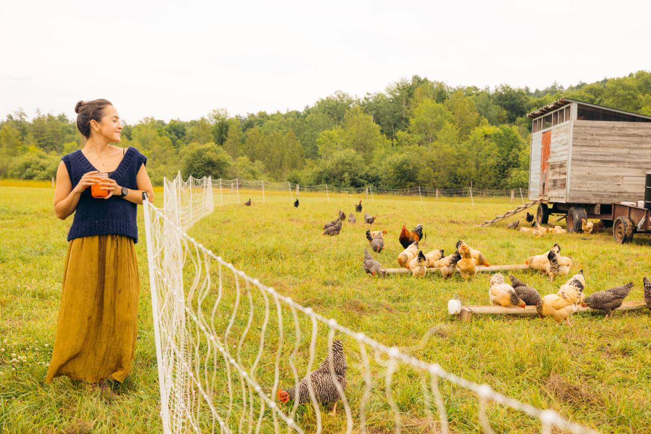 A woman holds a mason jar while watching chickens roam around a coup.